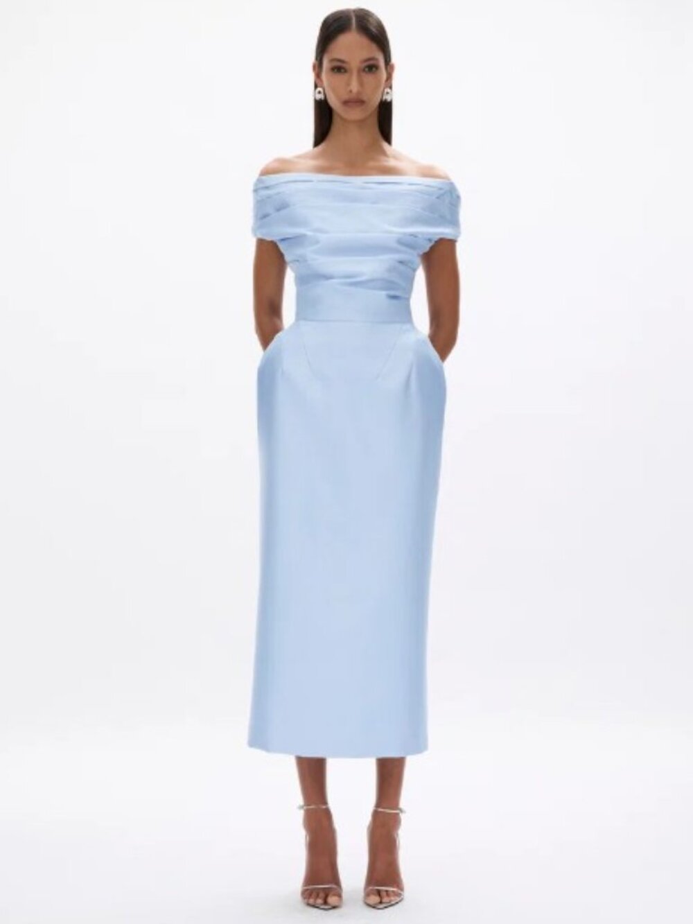 Rachel Gilbert Brontë Blue Wool & Silk off-the-shoulder Midi Dress AU10/US6 NWOT